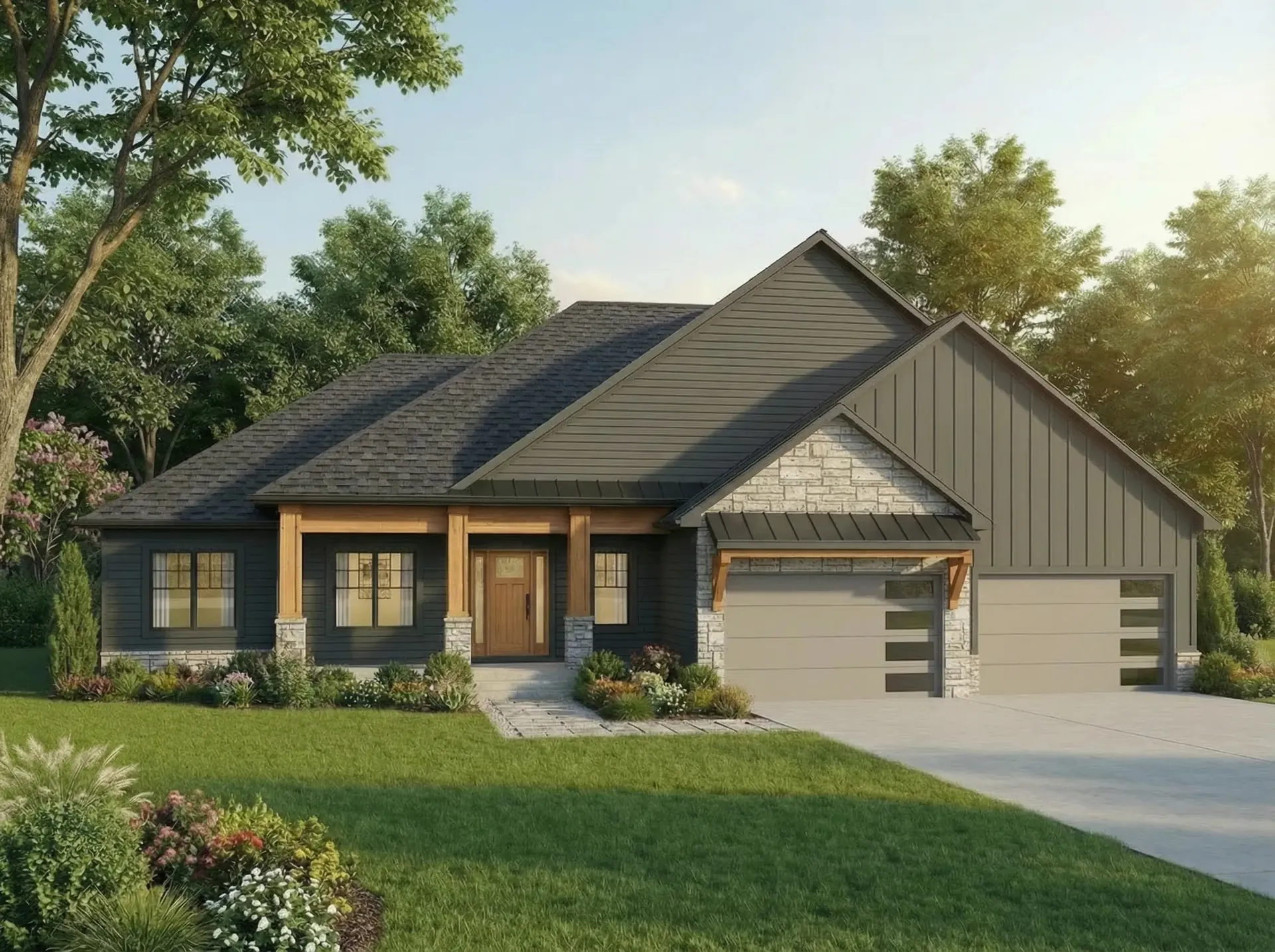 The Sedona — executive rambler artist rendition, front elevation